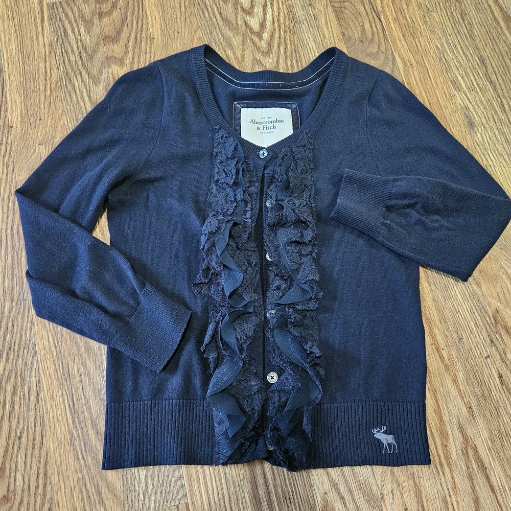 Y2K Abercrombie & Fitch S Women Navy Lace Chiffon Ruffle Cardigan Sweater Ribbed